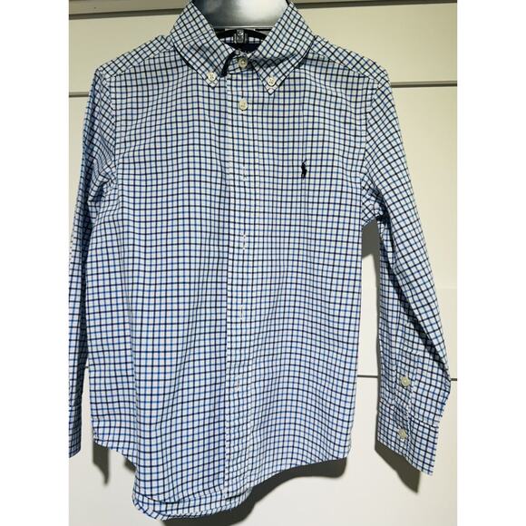 Ralph Lauren Button Down Classic Preppy Natural Stretch Boys Size 5 Blue Plaid - Picture 1 of 9